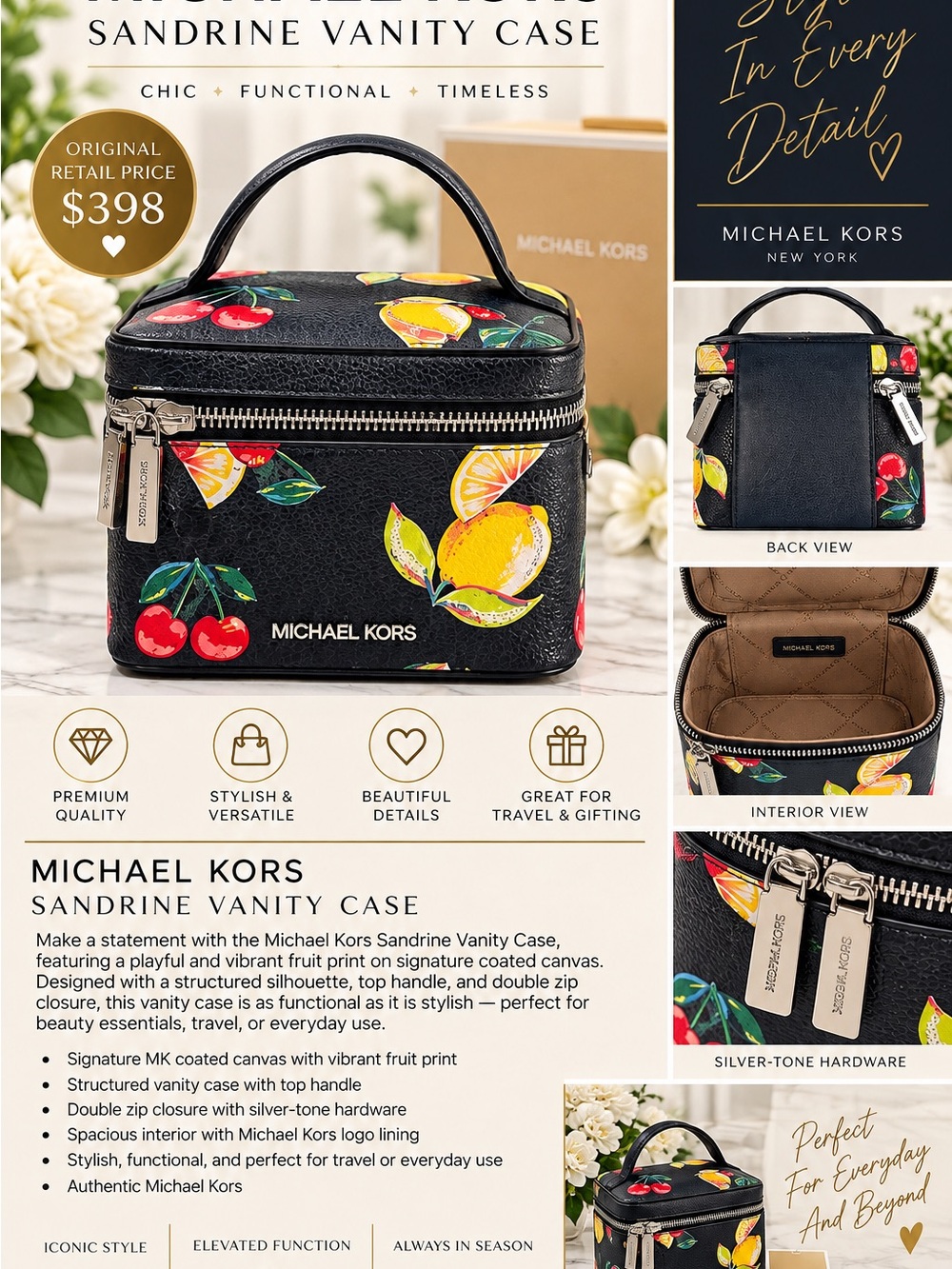 Michael Kors Sandrine Fruit Print Vanity Case/Crossbody 🍋🍒